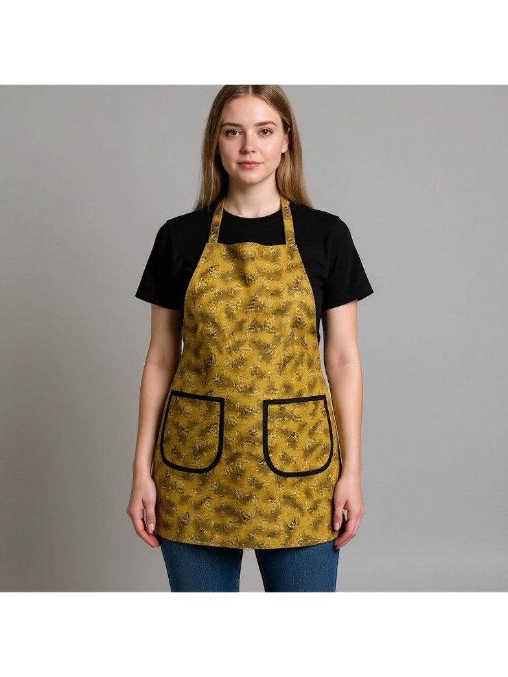 Handmade Butterfly Floral Bib Apron Green Yellow Pockets Adjustable Neck Tie